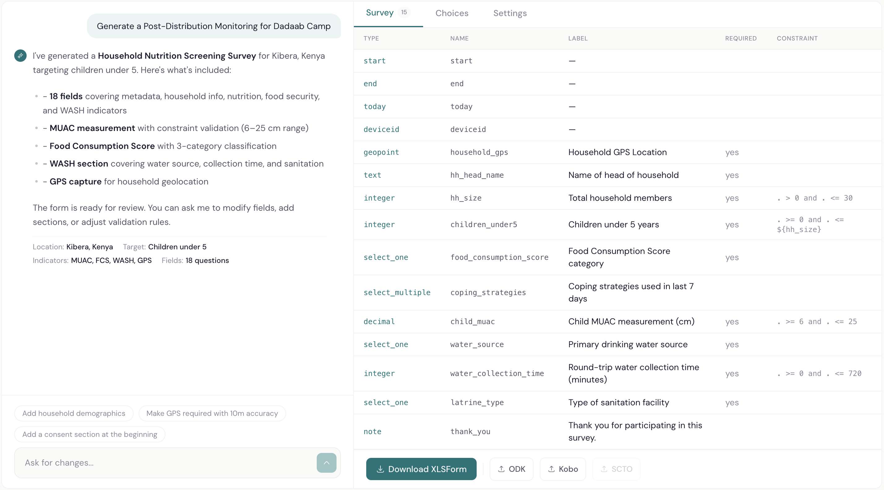 AI form generator showing chat conversation alongside generated XLSForm survey table